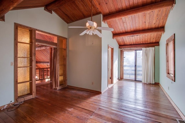 empty room featuring wood-type flooring, wooden ceiling, and vaulted ceiling with beams