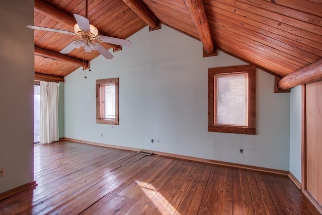 interior space featuring wood ceiling, lofted ceiling with beams, and hardwood / wood-style flooring