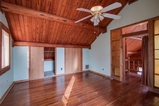 interior space with visible vents, vaulted ceiling with beams, baseboards, wooden ceiling, and hardwood / wood-style flooring