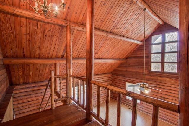 hall featuring wood-type flooring, wood ceiling, and vaulted ceiling with beams