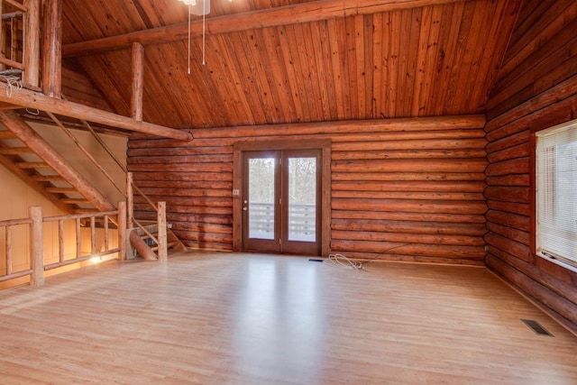 unfurnished living room featuring visible vents, high vaulted ceiling, wood ceiling, and wood finished floors