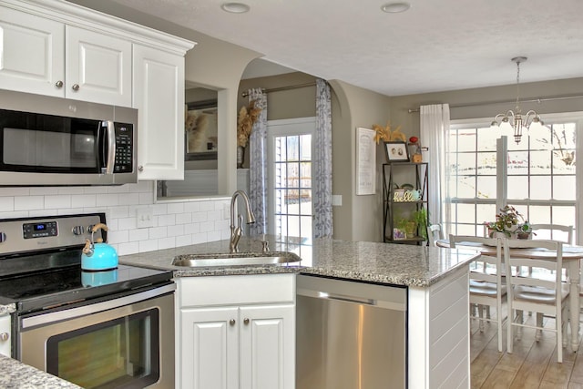 kitchen featuring backsplash, a peninsula, white cabinets, stainless steel appliances, and a sink