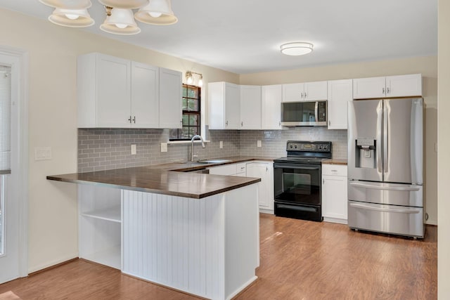 kitchen featuring light wood finished floors, decorative backsplash, a peninsula, stainless steel appliances, and a sink