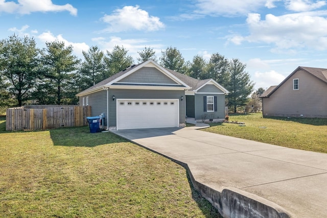 view of front facade featuring a garage, concrete driveway, a front yard, and fence