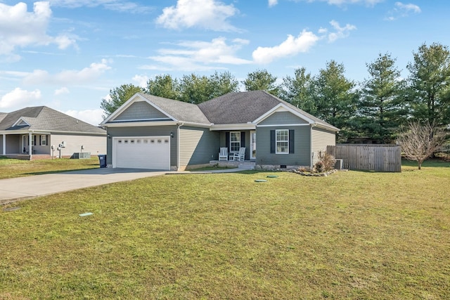 ranch-style house featuring a front yard, fence, an attached garage, central AC, and concrete driveway