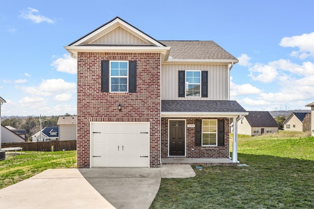 traditional-style house featuring a garage, brick siding, board and batten siding, and driveway