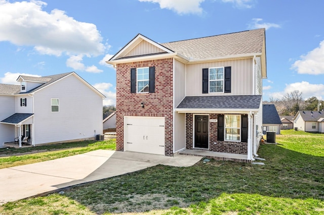 traditional-style home with a garage, brick siding, board and batten siding, and concrete driveway