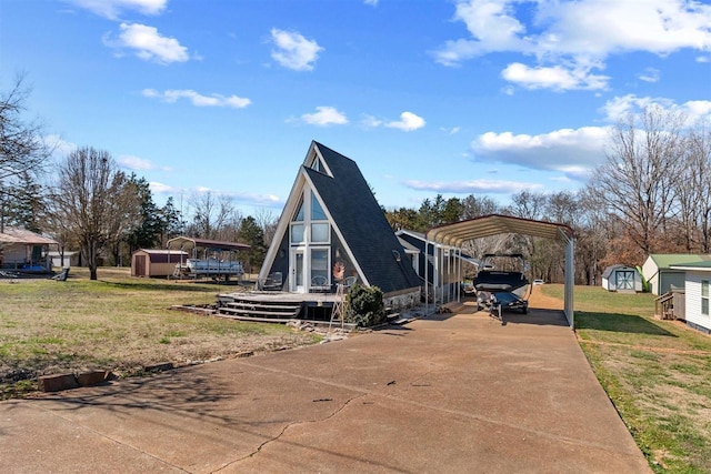 exterior space featuring a shed, a yard, a carport, an outdoor structure, and concrete driveway