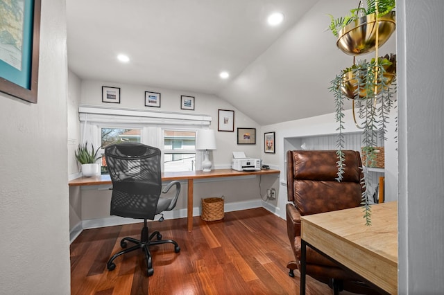 office area with lofted ceiling, recessed lighting, wood finished floors, and baseboards