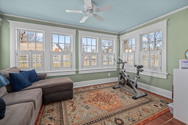 workout room with baseboards, plenty of natural light, ceiling fan, and crown molding