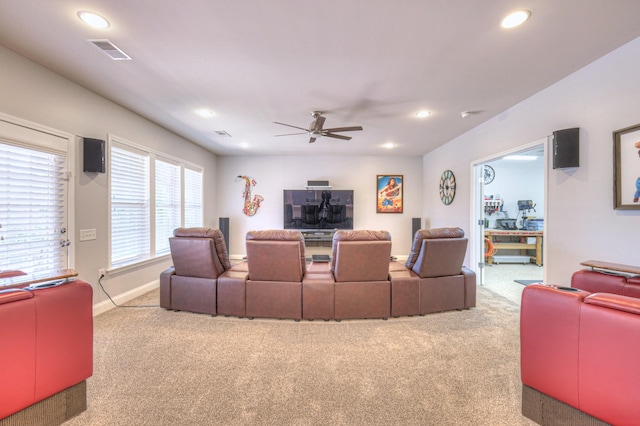 carpeted living room featuring visible vents, recessed lighting, baseboards, and ceiling fan