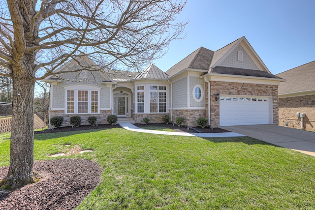 view of front of home with a standing seam roof, an attached garage, concrete driveway, a front lawn, and metal roof