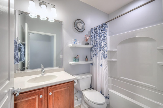 full bathroom with shower / tub combo with curtain, toilet, and vanity