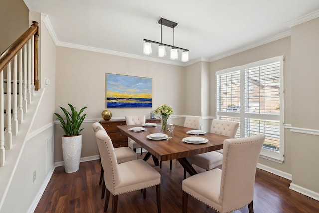 dining space featuring stairs, baseboards, dark wood-style flooring, and ornamental molding