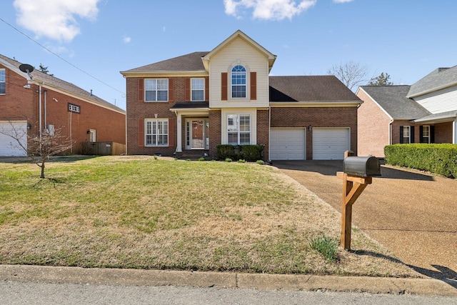 view of front facade featuring a garage, brick siding, concrete driveway, and a front lawn