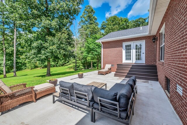 view of patio / terrace featuring entry steps and outdoor lounge area