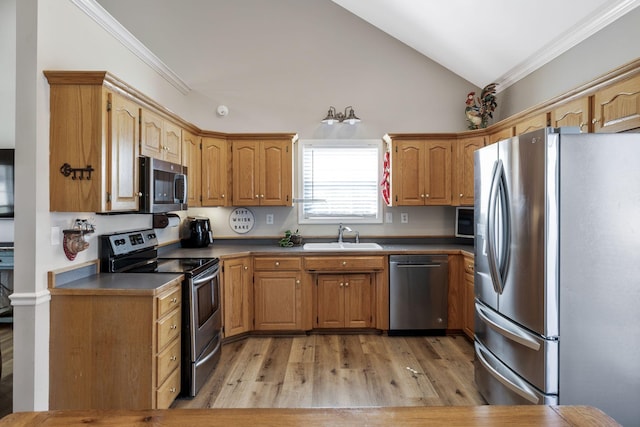 kitchen with ornamental molding, a sink, light wood-style floors, appliances with stainless steel finishes, and vaulted ceiling