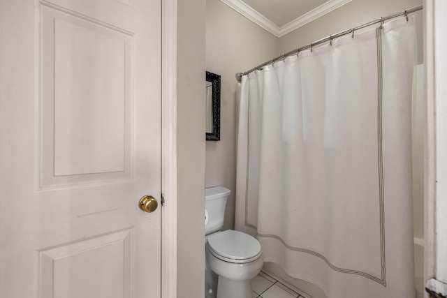 full bath with tile patterned flooring, toilet, and ornamental molding