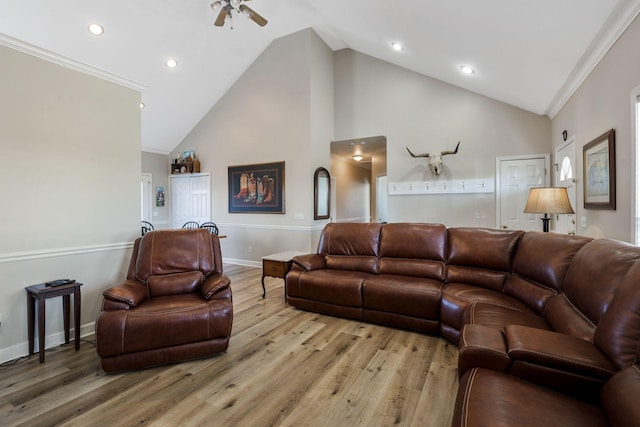 living room featuring high vaulted ceiling, light wood-style flooring, recessed lighting, baseboards, and ceiling fan