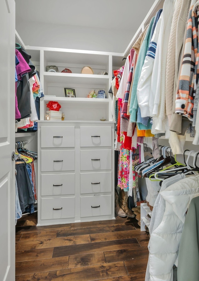 walk in closet with dark wood-type flooring