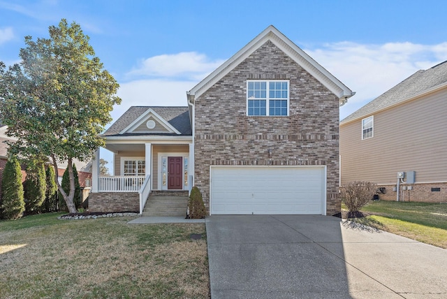 traditional-style home featuring a front lawn, a porch, brick siding, and driveway