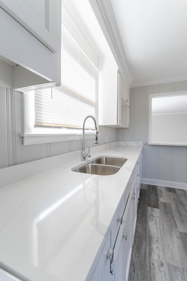 kitchen featuring light stone countertops, a sink, dark wood-type flooring, white cabinets, and crown molding