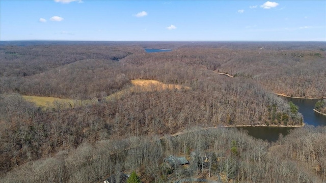 bird's eye view with a forest view and a water view