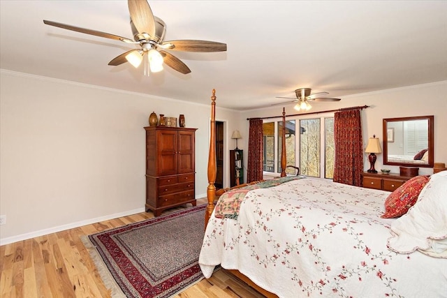 bedroom with baseboards, ornamental molding, a ceiling fan, and light wood finished floors