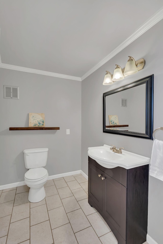 bathroom featuring visible vents, baseboards, ornamental molding, tile patterned floors, and vanity