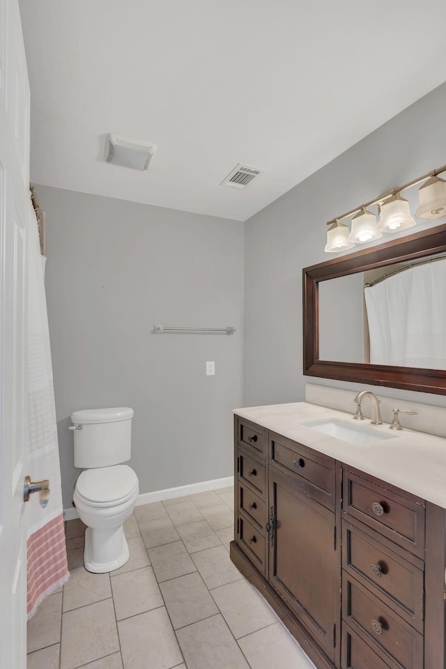 full bathroom with tile patterned floors, visible vents, toilet, baseboards, and vanity