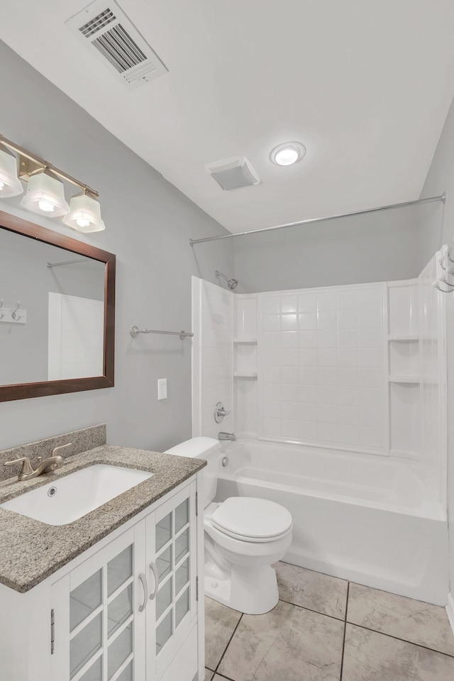 full bath with vanity, shower / tub combination, toilet, and visible vents