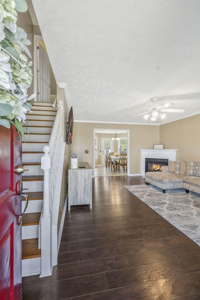 entryway with a glass covered fireplace, stairway, a textured ceiling, and wood finished floors