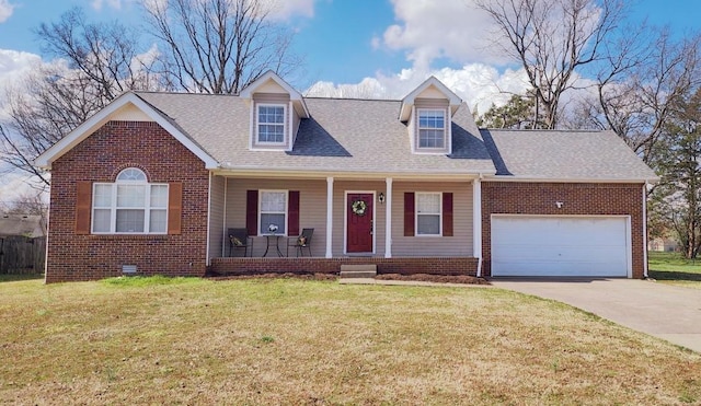 cape cod home featuring a porch, concrete driveway, brick siding, and a front yard