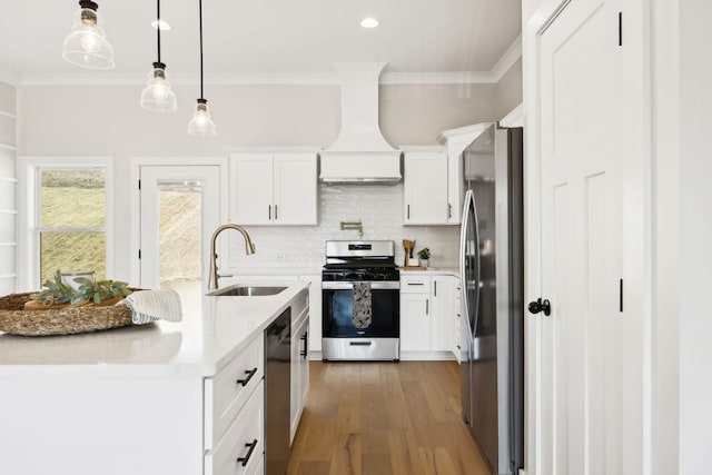 kitchen featuring a sink, stainless steel appliances, crown molding, and custom range hood