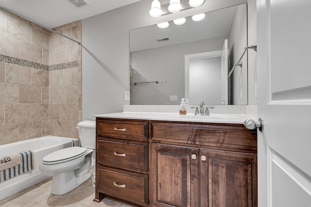 full bathroom with visible vents, shower / bathtub combination, toilet, and vanity