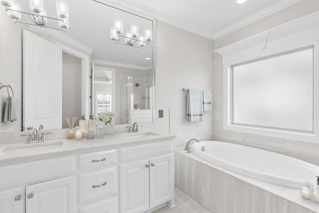 bathroom with a shower stall, ornamental molding, a bath, and a sink