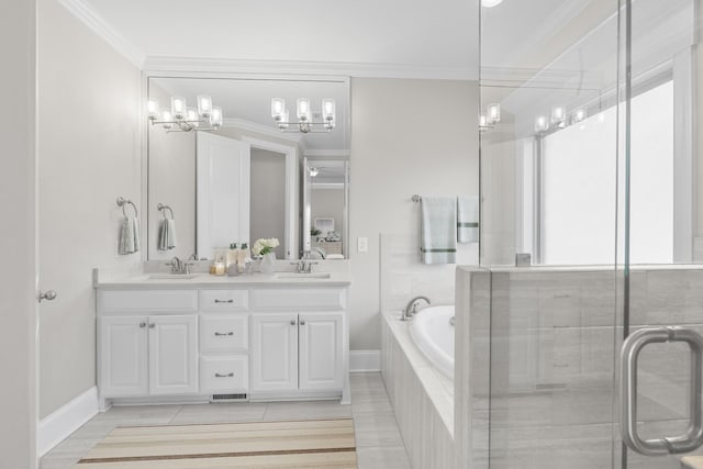 bathroom with a sink, double vanity, and crown molding