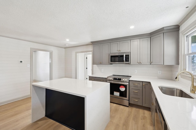 kitchen featuring light countertops, gray cabinets, light wood-style flooring, stainless steel appliances, and a sink