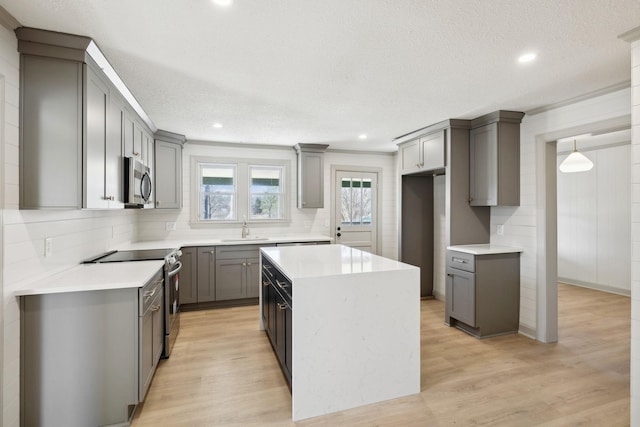 kitchen featuring gray cabinets, stainless steel appliances, light wood-type flooring, and a sink