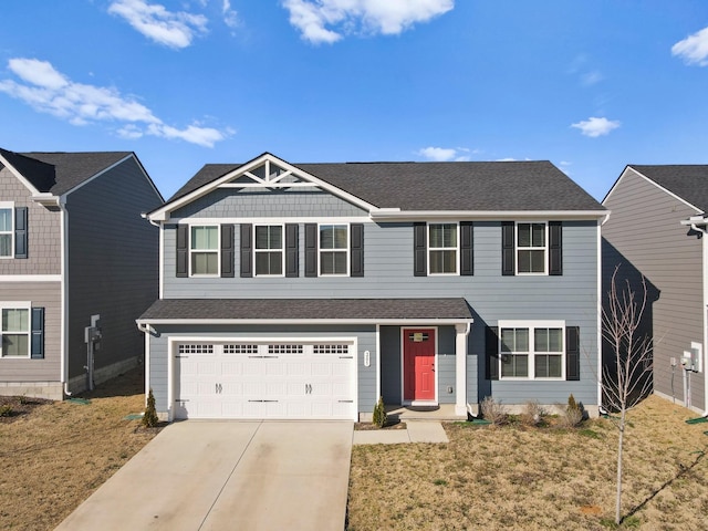 view of front of home featuring a front yard, a garage, driveway, and roof with shingles