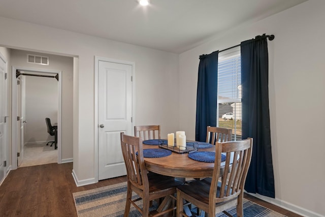 dining space with dark wood-style floors, visible vents, and baseboards