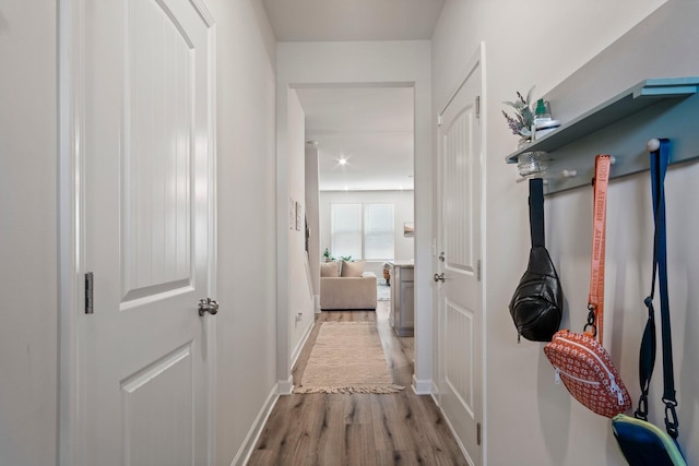 hallway featuring baseboards and wood finished floors