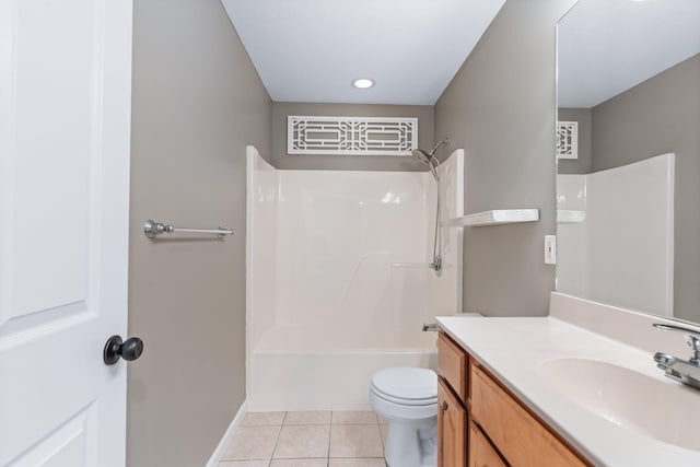 bathroom with toilet, shower / tub combination, tile patterned flooring, baseboards, and vanity