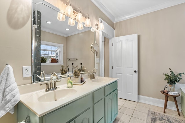 full bath featuring a sink, ornamental molding, and tile patterned floors