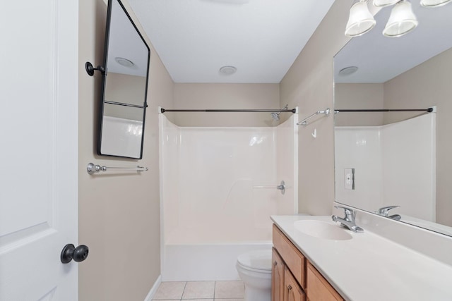 full bath with tile patterned flooring, toilet, vanity, and shower / tub combination