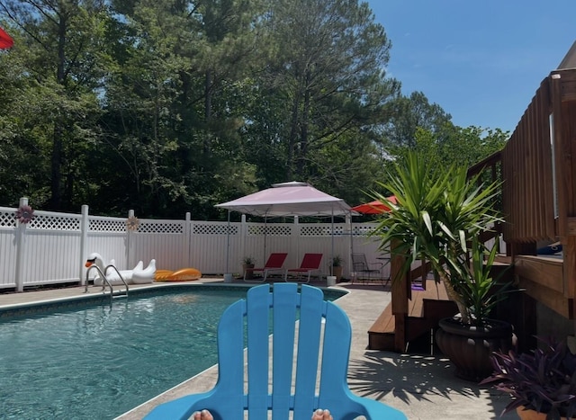 view of swimming pool featuring a fenced in pool, a patio, and fence