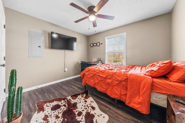 bedroom featuring electric panel, ceiling fan, baseboards, and wood finished floors