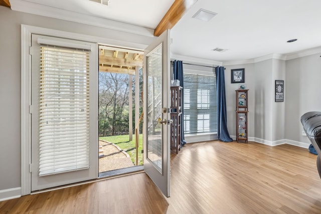 doorway featuring a wealth of natural light, baseboards, and wood finished floors