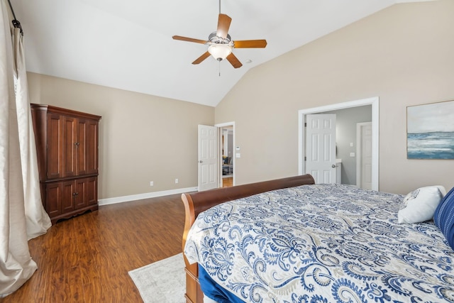 bedroom featuring ceiling fan, wood finished floors, baseboards, and high vaulted ceiling