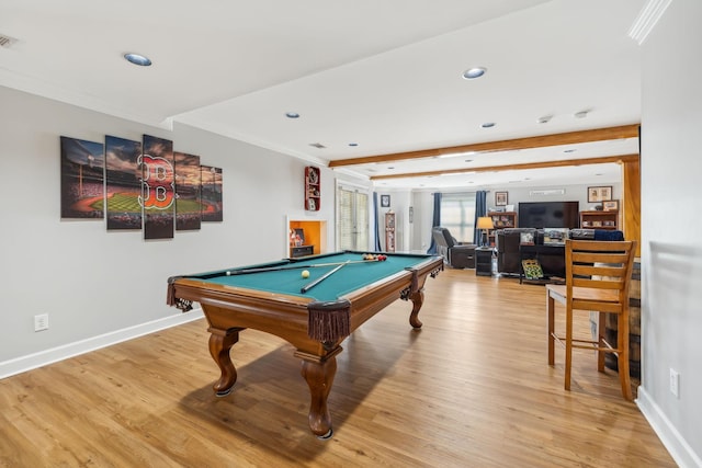 recreation room with baseboards, recessed lighting, pool table, crown molding, and light wood-type flooring